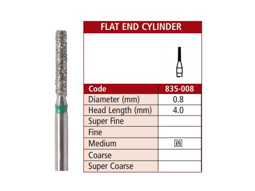flat_end_cylinder_bur_835_008 Diamond Bur 835 Flat End Cylinder 0.8mm Diameter- Medium Grit – 5 Pack